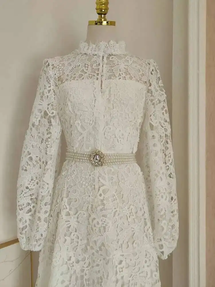 2025 Summer Autumn Elegant Flower Embroidery White Lace Long Dress Women Crystal Pearls Belt Prom Evening Party Midi Vestidos