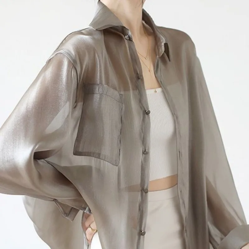 Grey Ice Silk Sunscreen Shirt Women\'s Commuting Summer Thin Shirts Loose Jacket Organza Cardigan Polo Collar Outfitting Cover Up