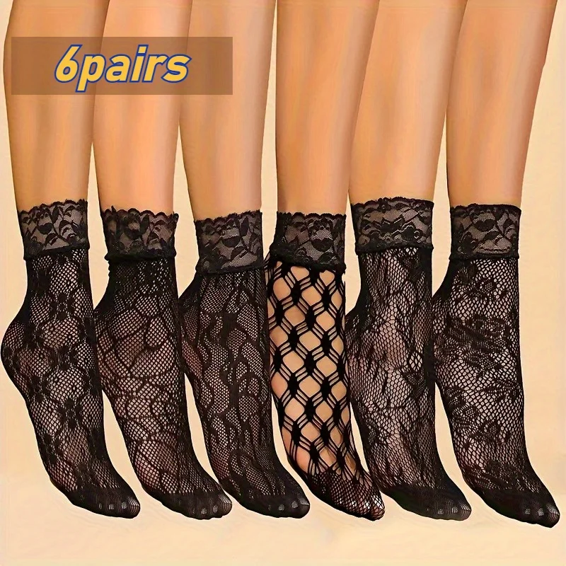 

6 Pairs Black Floral Lace Thin Breathable Ankle Socks: 6 prints, stylish, unique for women. Ideal for daily wear & banquets.