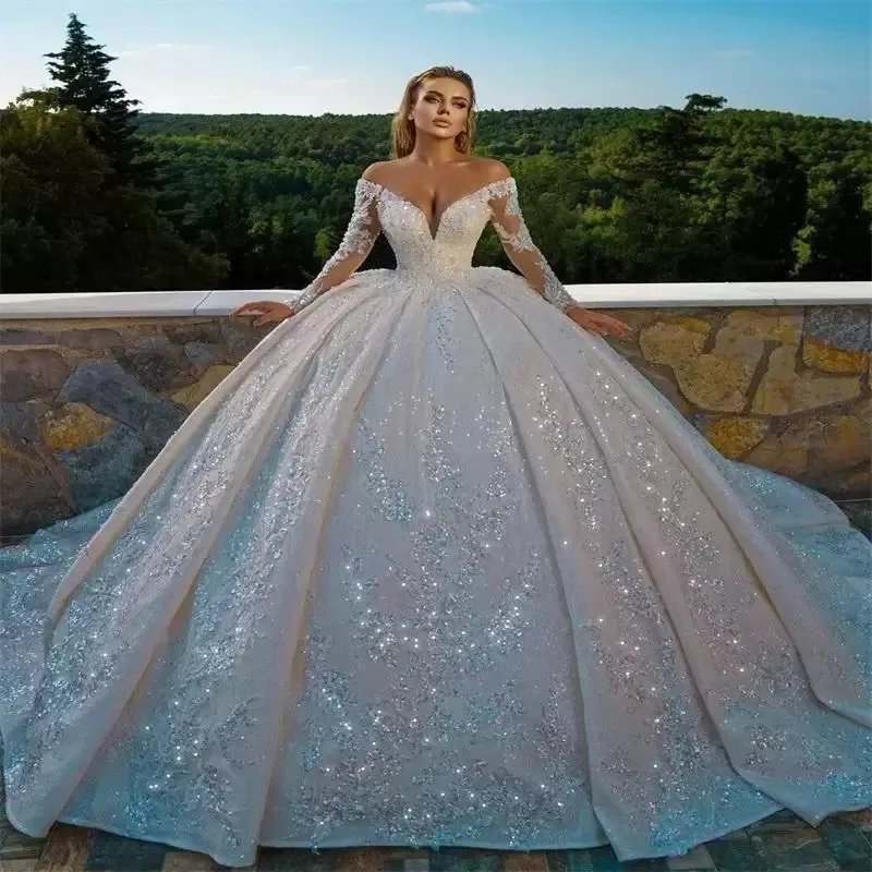 

Gorgeous Sweetheart Lace Appliques Wedding Dresses Sweep Train Ballgown Off the Shoulder Full Beads Bridal Gowns