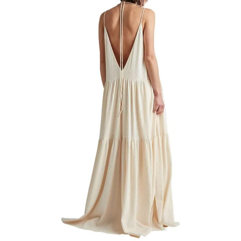 

Women Casual Solid pleated Long Dress simple Sexy Double V Neck Backless Hollow boho Dress Summer Loose Lace-up Sling Dresses