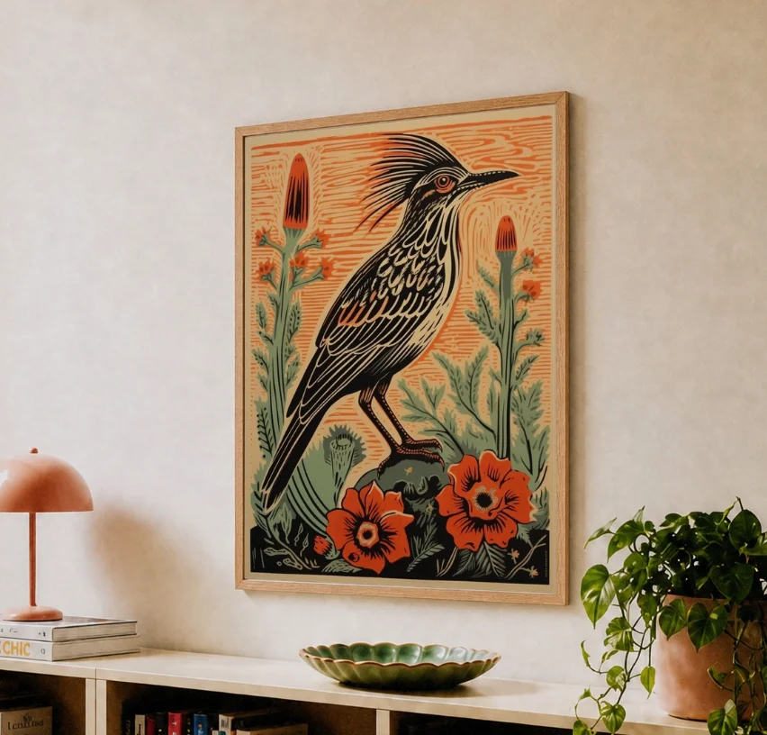 Vintage Roadrunner Bird Wall Art, Retro Linocut Style Bird with Poppy Flowers Canvas, Southwest Desert Decor