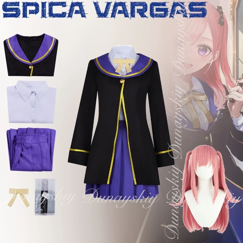 

The Classroom of a Black Cat and a Witch Anime Spica Vargas Cosplay With Black Coat Blue Skirt Pink Wig Cosplay Costume Full Set