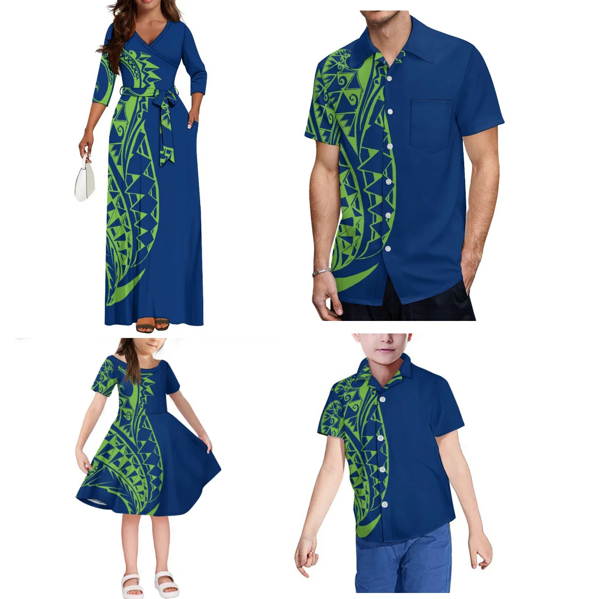 New Style Women'S V-Neck Mid-Sleeve Dress Polynesian Family Suit Prom Party Fashion Samoan Fijian Print For Men Boys Girls