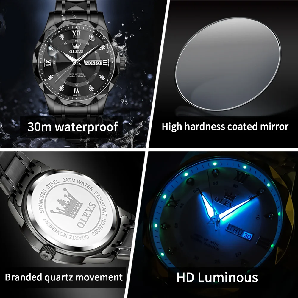 OLEVS 5609 Men\'s Watches Rhombus Design Black Stainless steel Calendar Week Waterproof Luminous Original Quartz Watches for Men