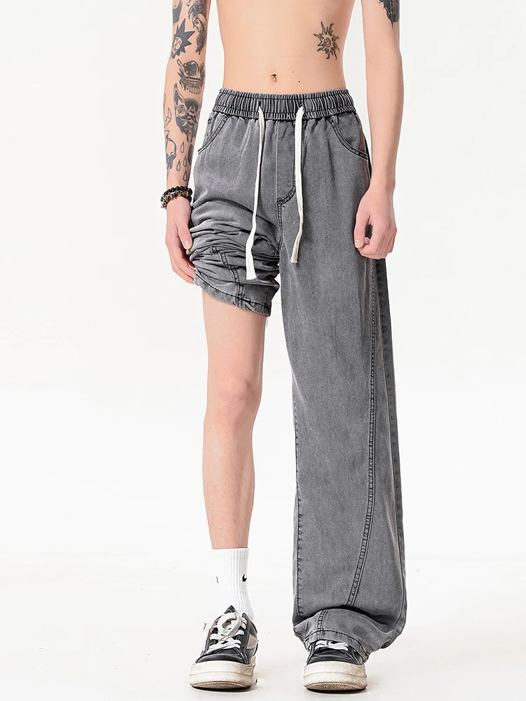 KSTUN Summer Gray Lyocell Wide Leg Jeans Men Elastic Waist Drawstring Vintage Washed Loose Straight Denim Pants Soft Breathable