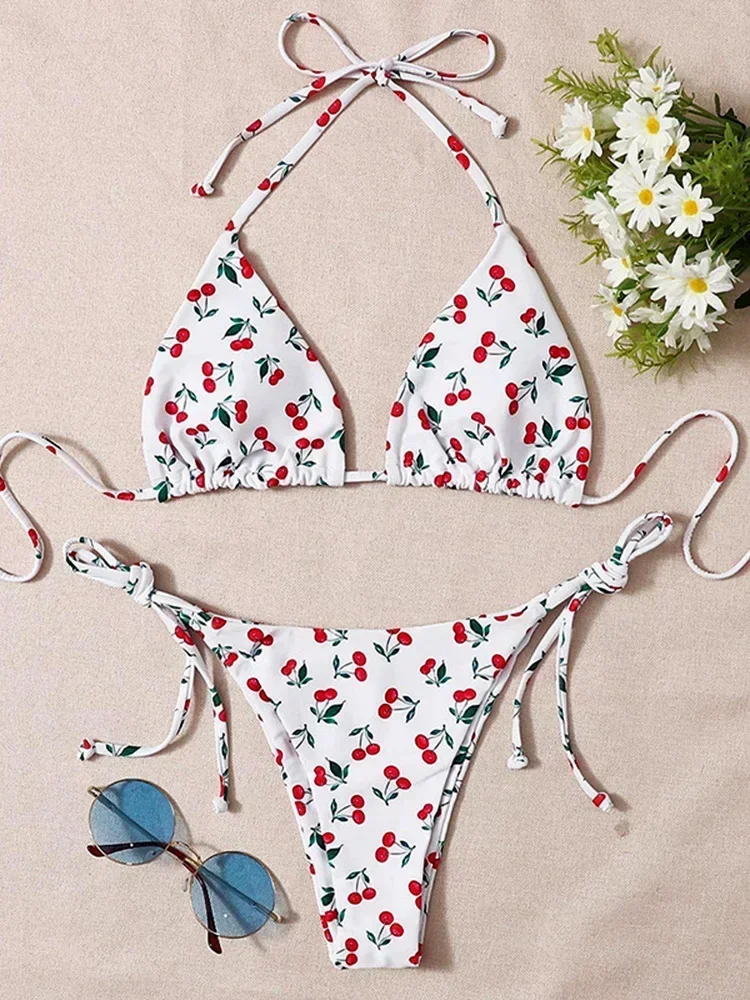 

Sexy Cherry Print Halter Strappy Bikini Female Swimsuit Women Swimwear Two-pieces Bikini set Tie Side Bather Bathing Suit Swim