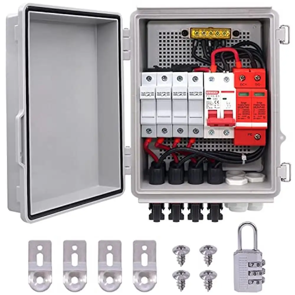 Solar PV Combiner Box with Lightning Arrestor Circuit Breaker and Solar Connector 4 String Panel System IP65 Waterproof High