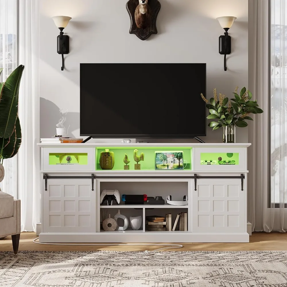 

TV Stand for 80 Inch TVs with APP-Controlled LED Lights & Power Outlets, Rustic Media Console with Sliding Barn Doors
