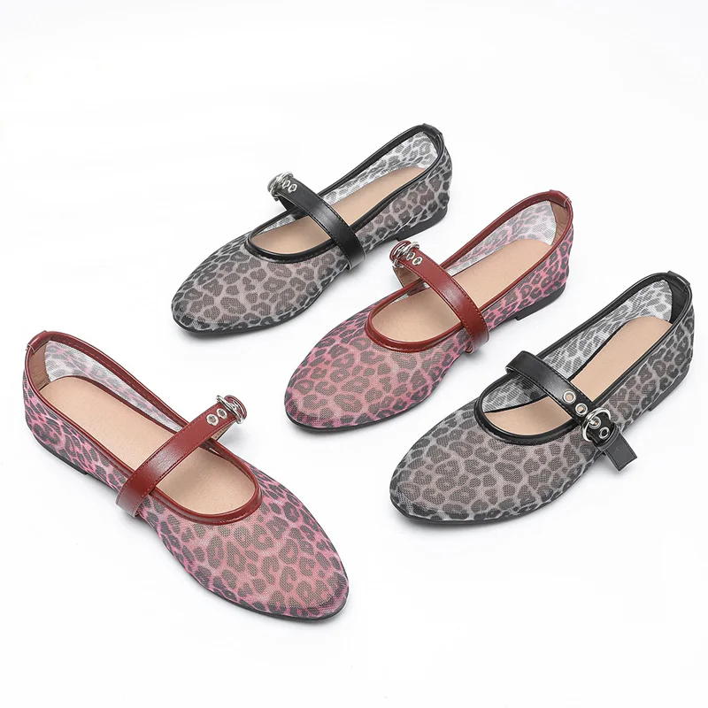 Transparent Lace Ballet Flats Woman Fashion Leopard Print Mesh Ballerina Shoes Ladies Brand Design Elegant Gauze Loafers