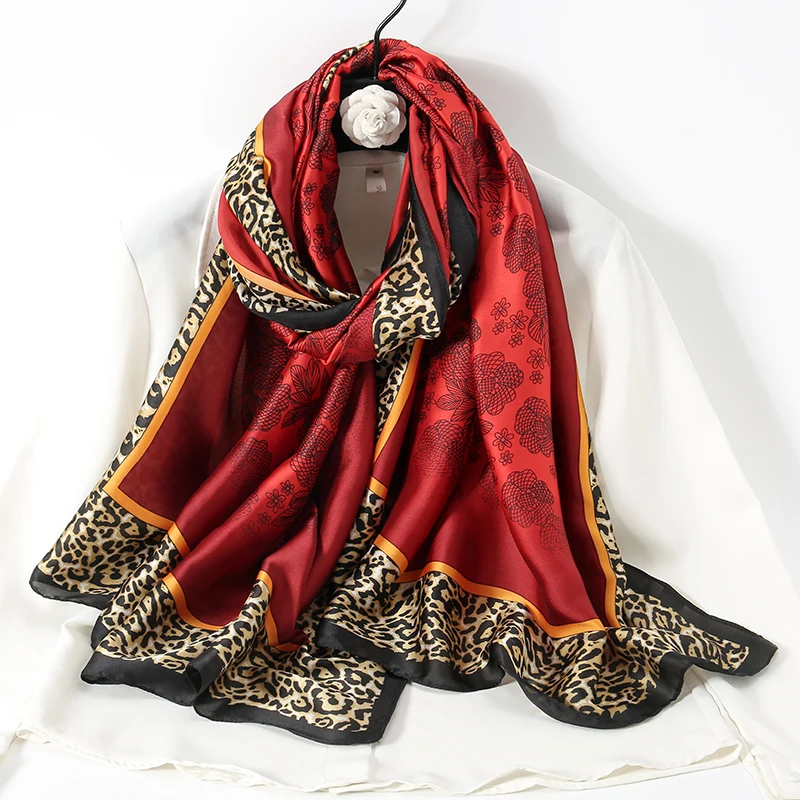 Fashion Leopard print Shawl Women Imitation Silk Satin Scarf Casual Vintage Long Outdoor Scarves Hijab 180*90cm