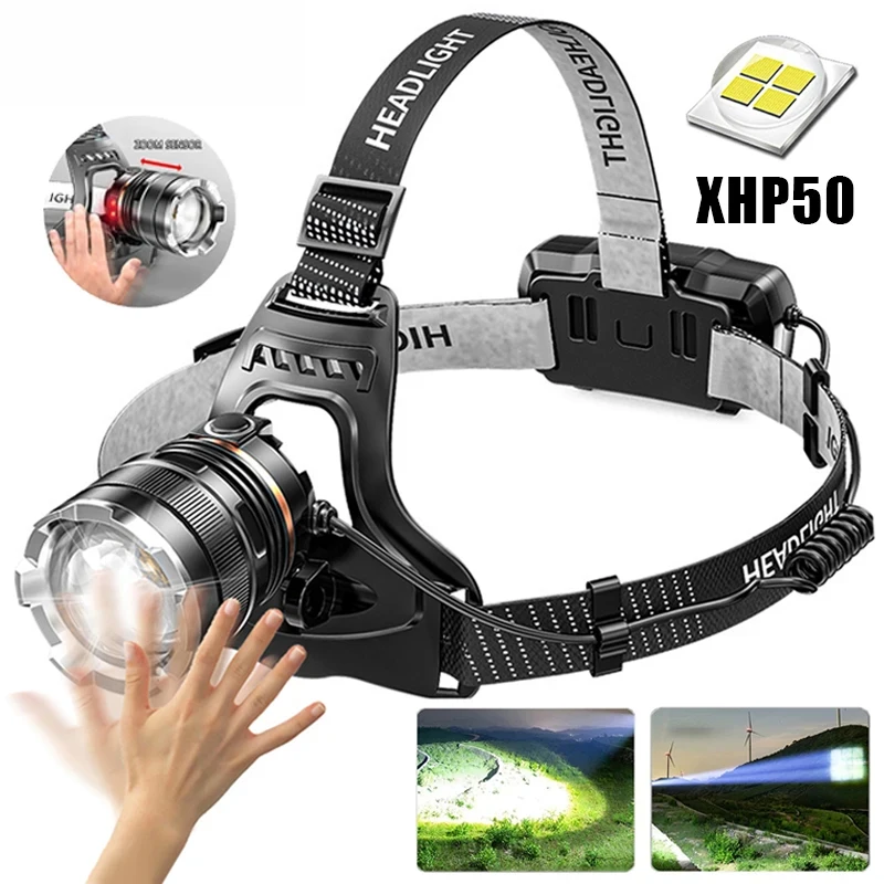 

High Powerful Xhp50 Led Sensor Headlamp Multifunctional Usb Rechargeable Zoom Headlight Outdoor Camping Portable Fishing Lantern