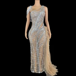 Shiny Sequins Mesh Tail Long Dress for Women Sexy Wedding Evening Prom Birthday Dress Photography Dress Singer Show Stage Wear