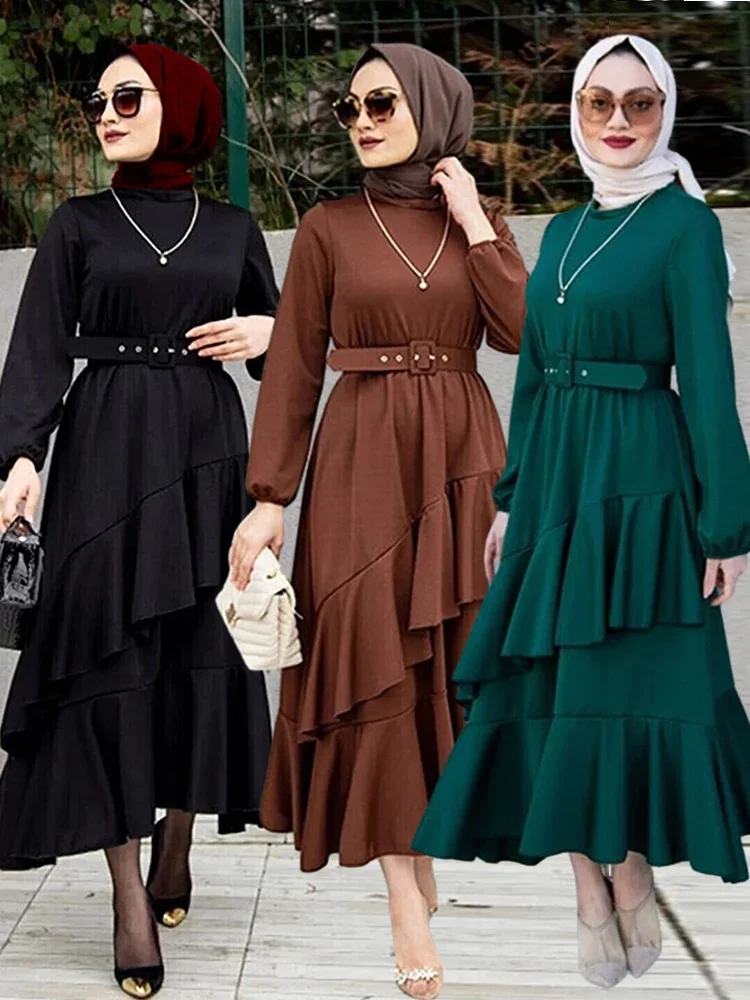 

Eid Ruffle Hem Muslim Dress for Women Ramadan Lace-up Solid Modest Maxi Long Vestidos Largo Kaftan Islam Dubai Arab Long Robe