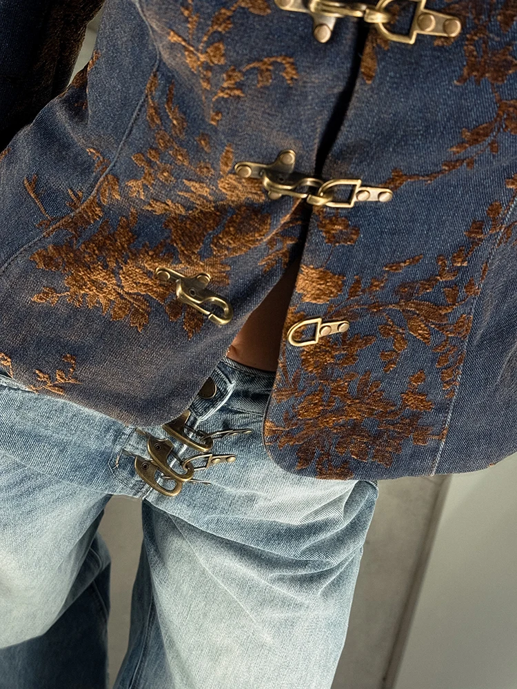 Vintage-Jacke mit Blumenmuster, kurz, für Damen, im chinesischen Stil, mit Stehkragen, Schnallenverschluss, schmal geschnitten, kurze Oberbekleidung, schicker Damenmantel. – Detail 1