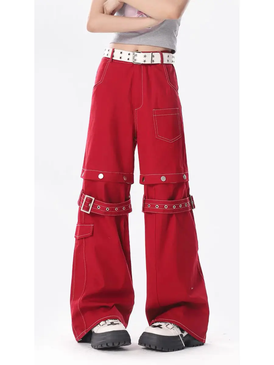 Overall Jeans Afneembaar American Red New 90S Pittig Meisje Y 2K Design Voel Losse Wijde Pijpen Lange Vloer Dweilbroek