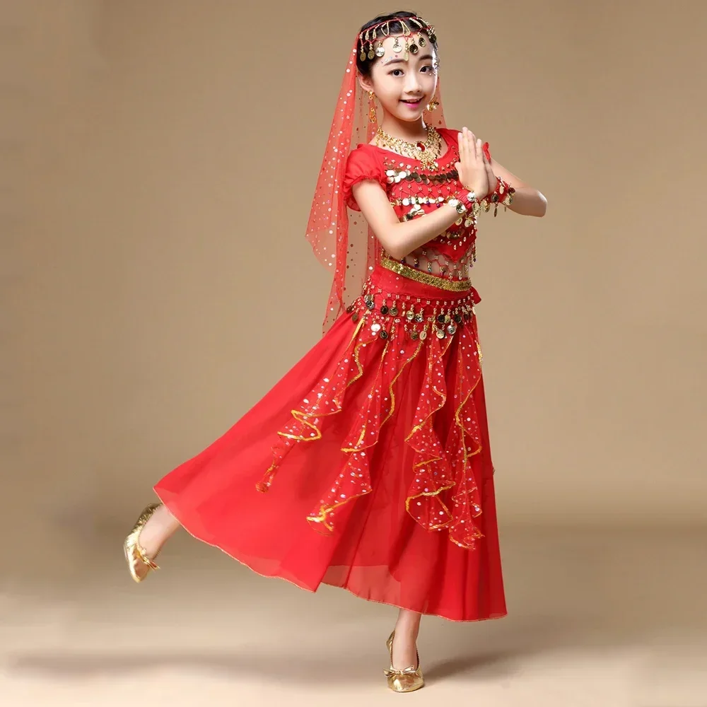 ชุดเต้นระบำหน้าท้องแบบตะวันออกสำหรับเด็ก ชุดเต้นระบำหน้าท้องสำหรับเด็กผู้หญิง ชุดฝึกซ้อมและแสดงแบบอินเดีย บอลลีวูด 6 ชิ้น/ชุด H017