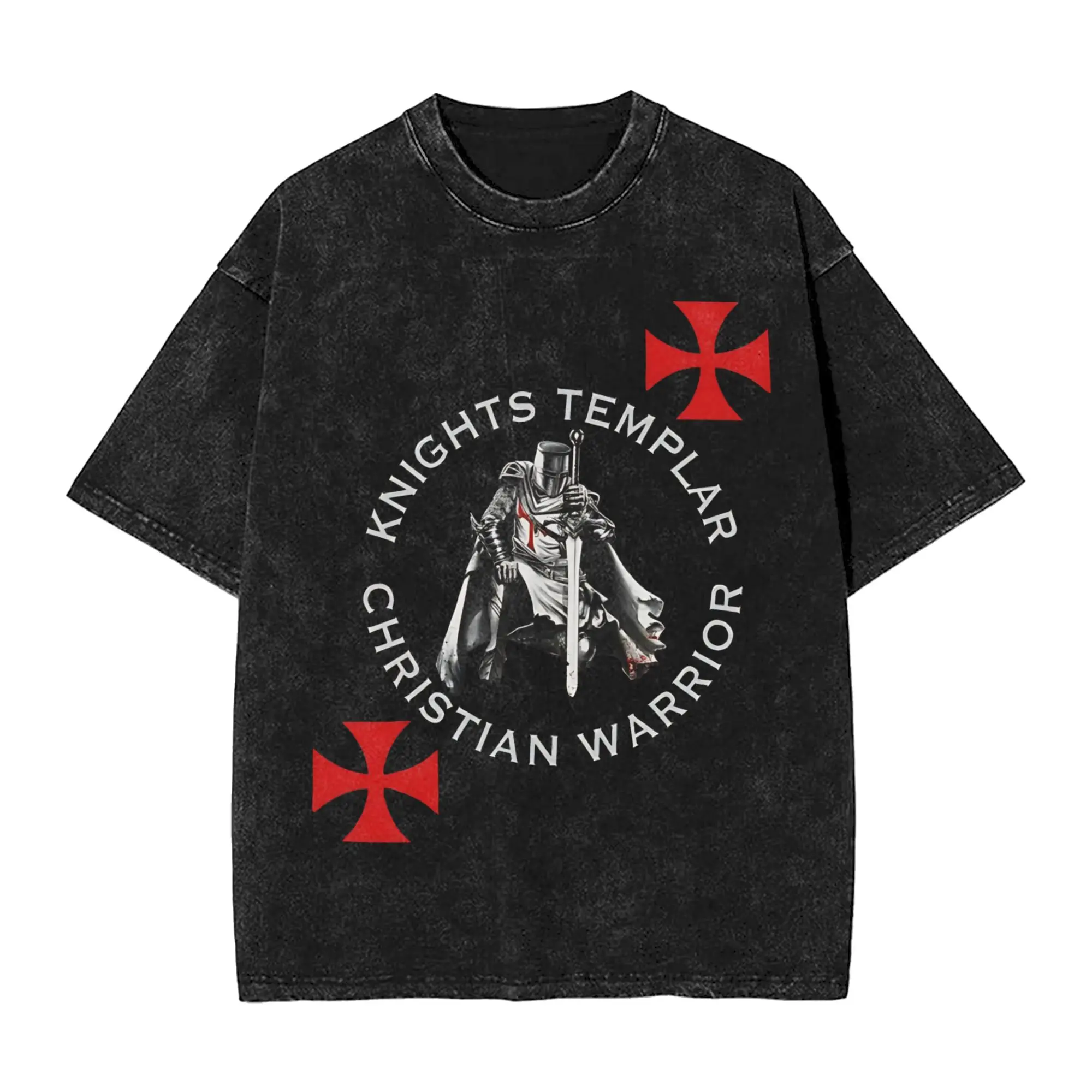 Deus Vult - The Templar Knight T Shirts Hip Hop Washed Short Sleeve Harajuku T-Shirts Men Women Streetwear Graphic Tops Tees