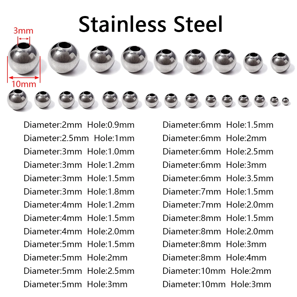 2mm 3mm-10mm Stainless Steel Beads for Jewelry Making Loose Spacer Beads Ball Hole 1.2-5mm for Bracelets Jewelry Components DIY