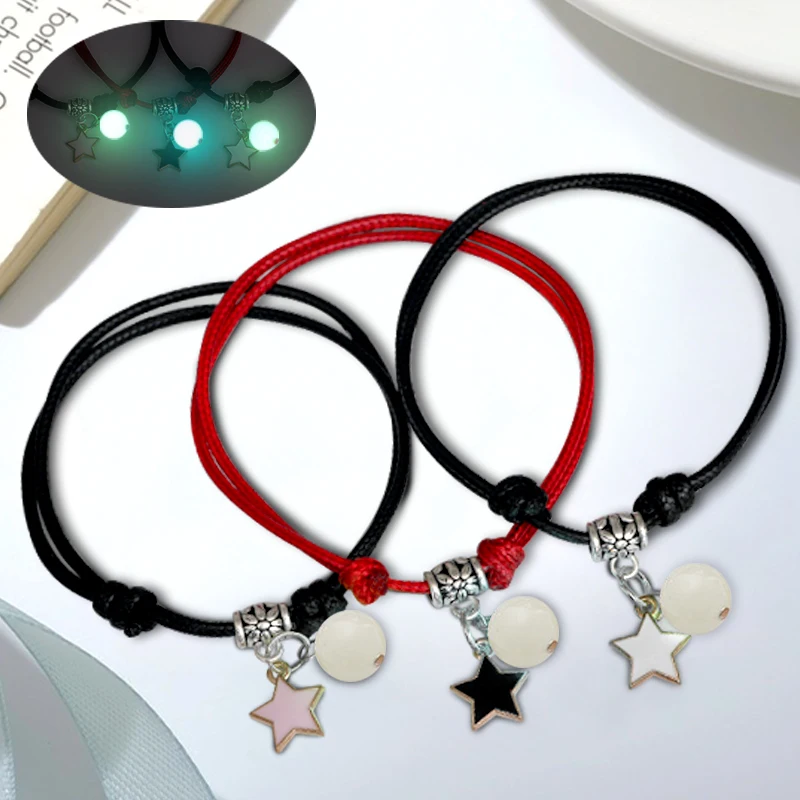 3 Pcs Fashion Luminous Couples Charm Bracelet Friendship Star Moon Heart Clover Cat Pendant Black Red Rope Bracelet Gifts