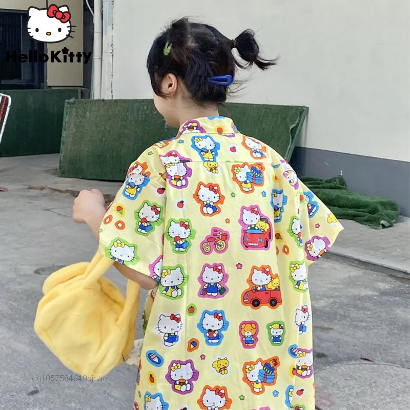 Sanrio Hello Kitty Quần Áo Mùa Hè Mới Vàng Nữ Tay Ngắn Áo Sơ Mi Vintage Thời Trang Thiết Kế Áo Sơ Mi Nữ Hoạt Hình Cổ Áo Y2k