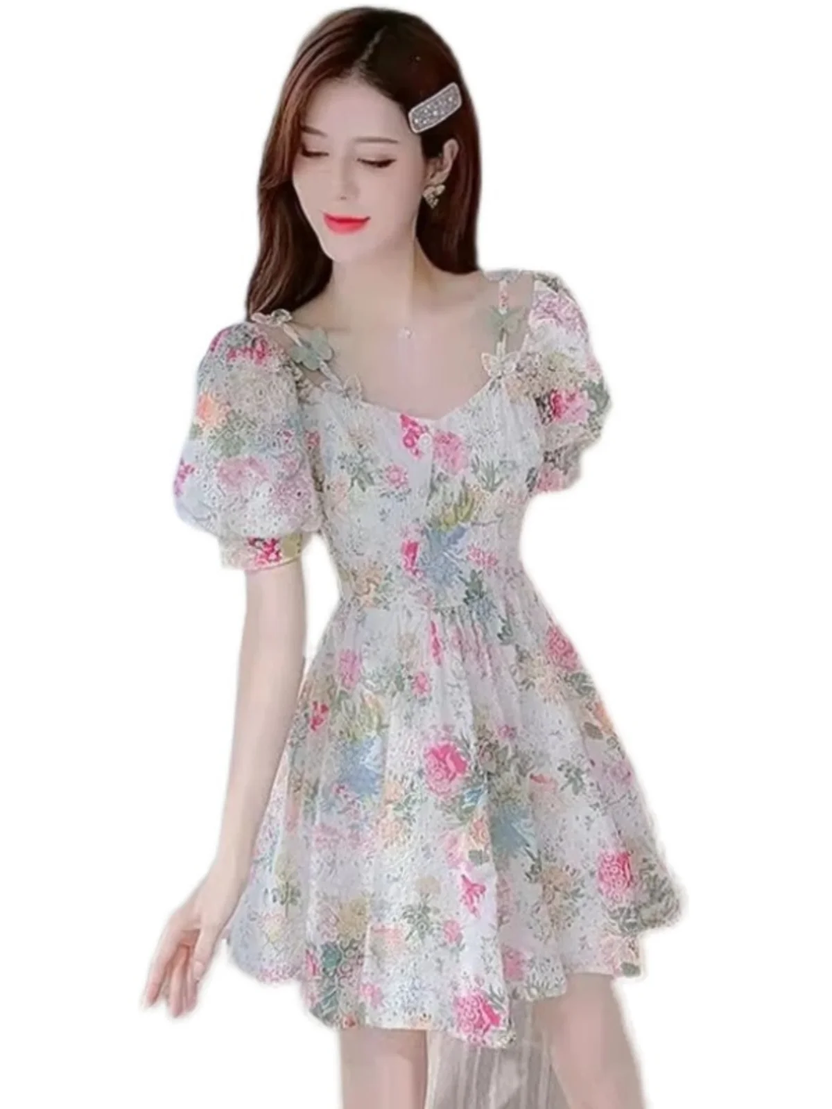 夏の花柄ミニドレス Vネック半袖 ウエストシェイプAライン フェアリースカート エレガントで優しいスタイル レディース服