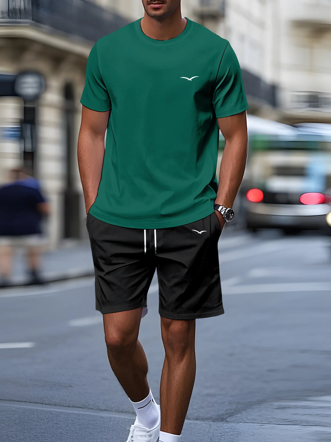 

Men's Summer Crew-Neck Short-Sleeve Shirt and Drawstring Shorts with Seagull Print Sports Set-Outdoor Street Photography Apparel