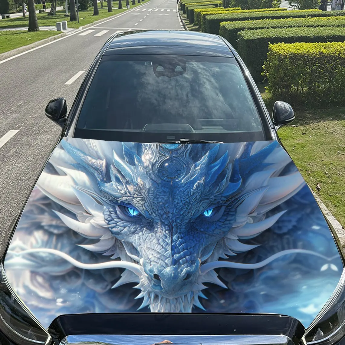 Fantasy Frost Dragon Car Vinyl Wrap, PVC Material Waterproof Car Hood Sticker, Self-Adhesive Scratch-Resistant Stickers for Engi