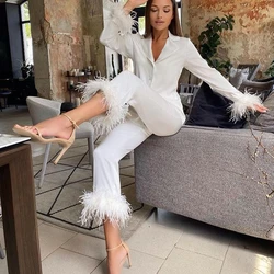 Women's 2Piece Furry Cuff Outfits Set Long Sleeve Tailored Collar Button-up Blazer + Tied Waist Straight Leg OL Suit Pants