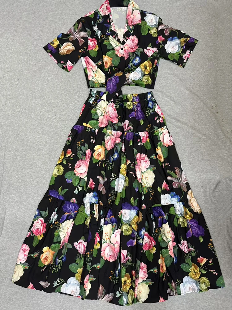 

2025 Summer Women's collection: Retro printed lapel, tie and waist-cinching short shirt Two-piece set + Pleated loose skirt set
