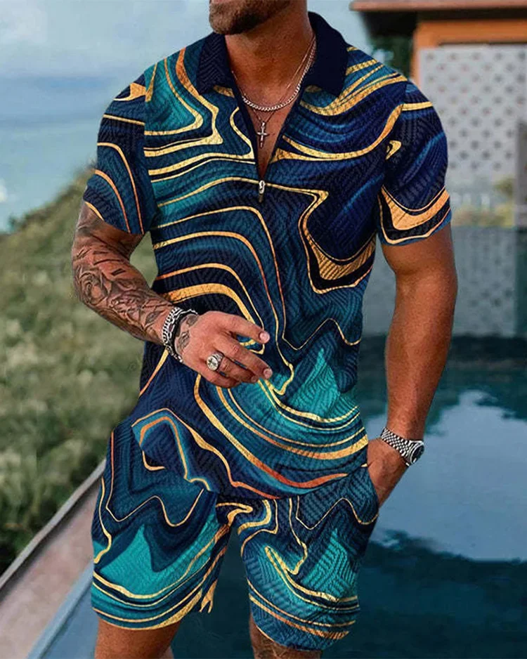 New Summer Colorful pattern Print Men's Tracksuit Set Casual Zipper Collar Polo Shirt And Shorts 2pcs Sets Fashion Man Clothing