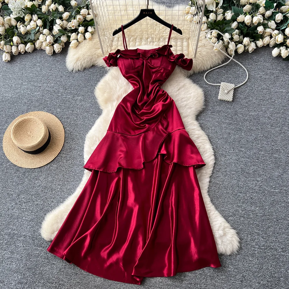 

Women Dresses Solid Dress A Line Camisole Ruffle Hem Padded Ankle Length Sleeveless Cinched Empire Waist Casual 2025 Summer