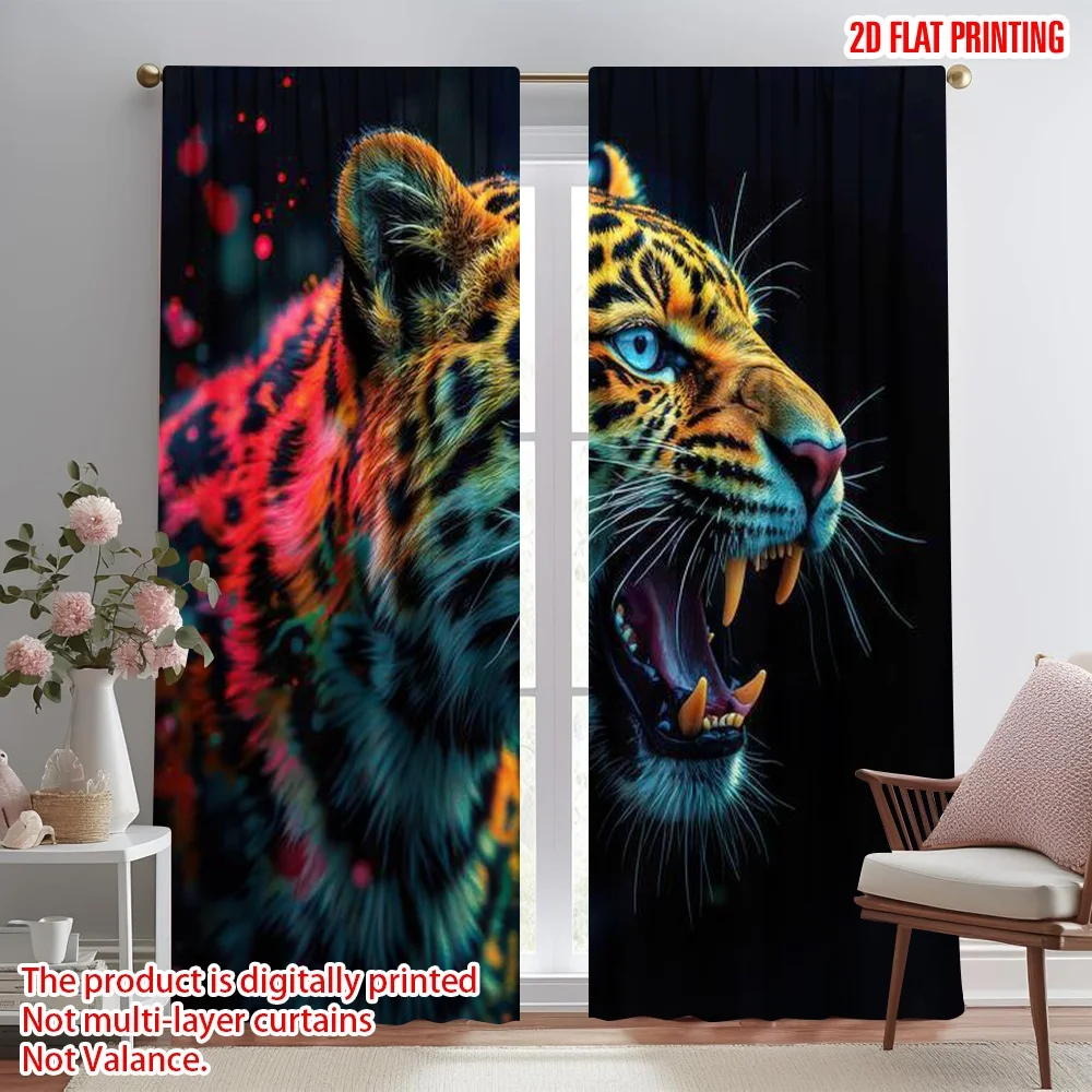 

2D flat printing 2pcs Curtains Fierce Roaring Leopard Digital Printed Polyester Drapes Family Party Use for living room decor