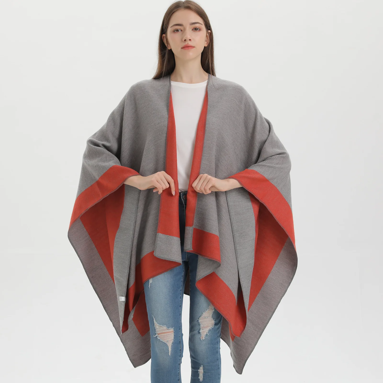 Women Cashmere Feel Shawl Lady Double-sided Winter Cape Spring Autumn Retro Cardigan Classic Simple Cloak Soft Large Blanket