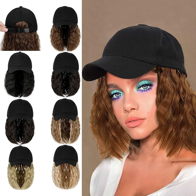 Hat Wig for Women Short Wavy Curly Blonde Baseball Cap Wig Synthetic Hair Adjustable Black Cap Natural Daily Use