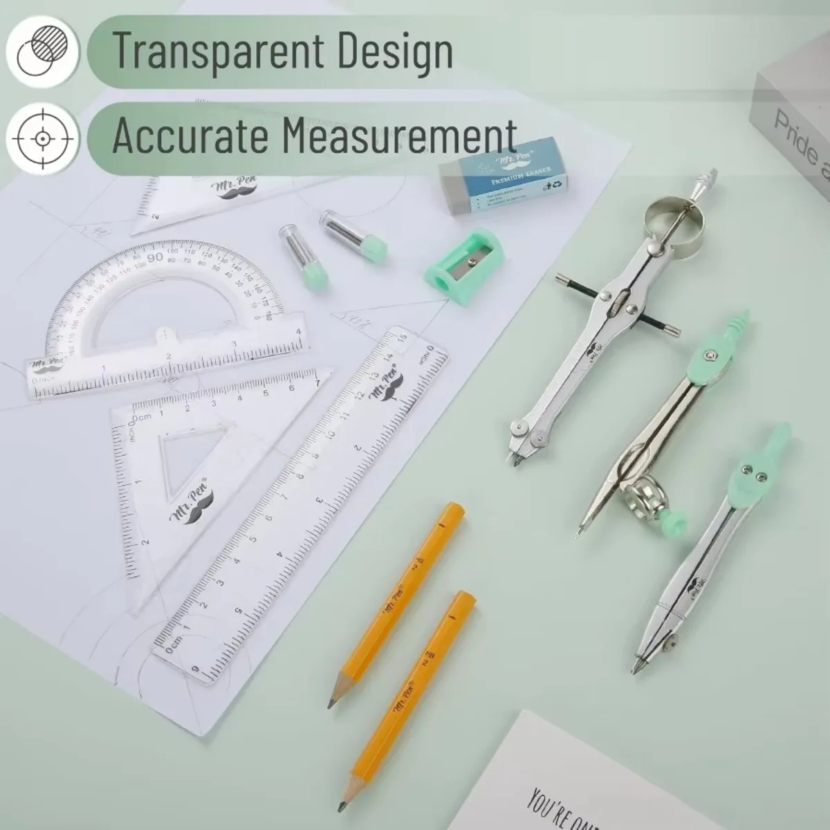 مجموعة هندسية، 13 قطعة، أخضر نعناعي، بوصلة لرياضيات بوصلة الهندسة، مجموعة أدوات هندسية مع صندوق تخزين مقاوم للكسر