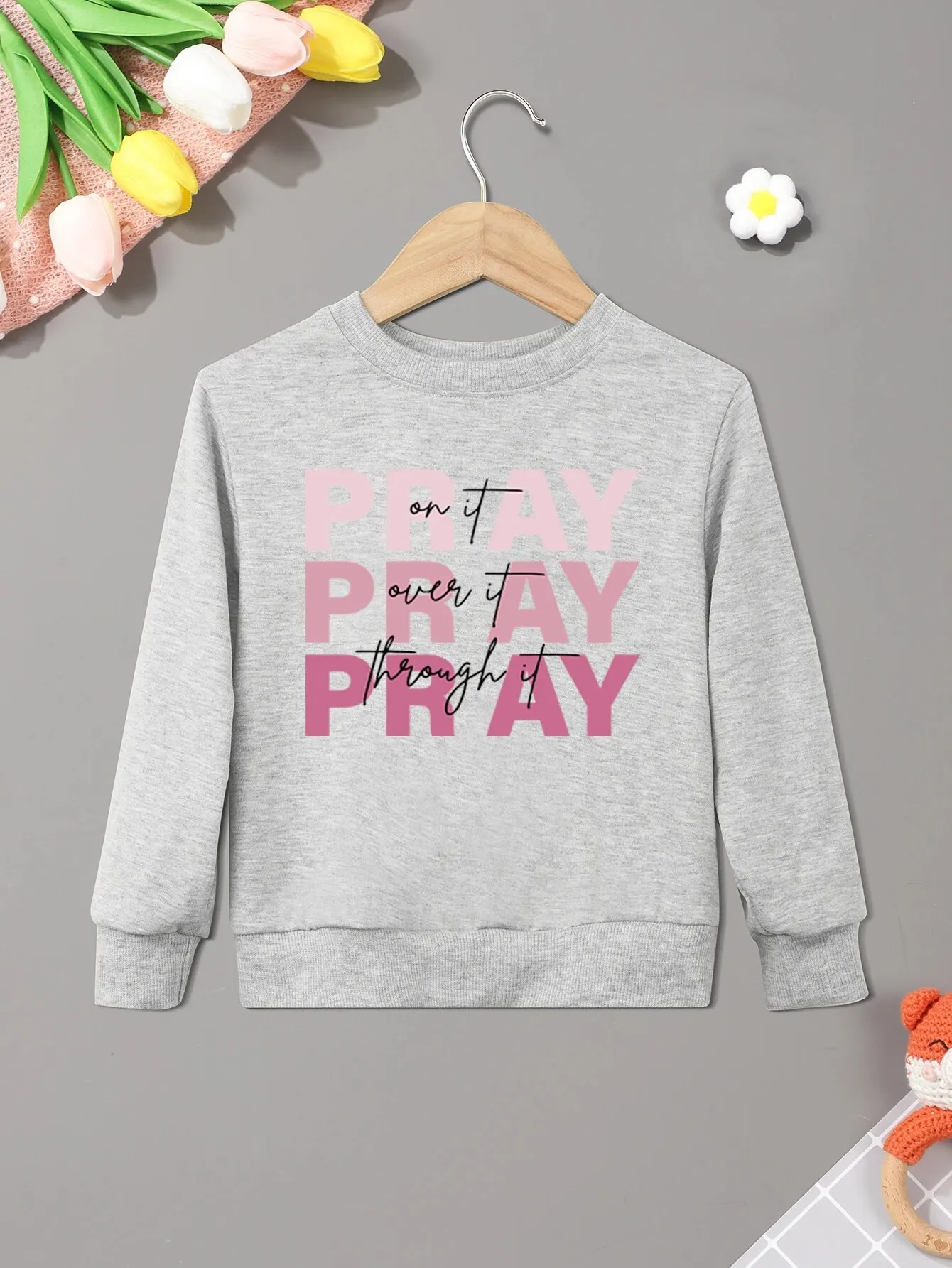 Pray Children's Clothing Grey Urban Streetwear Outdoor Casual Girl Sweatshirt Spring Fall Long Sleeve Crew Neck Hoodies Dropship