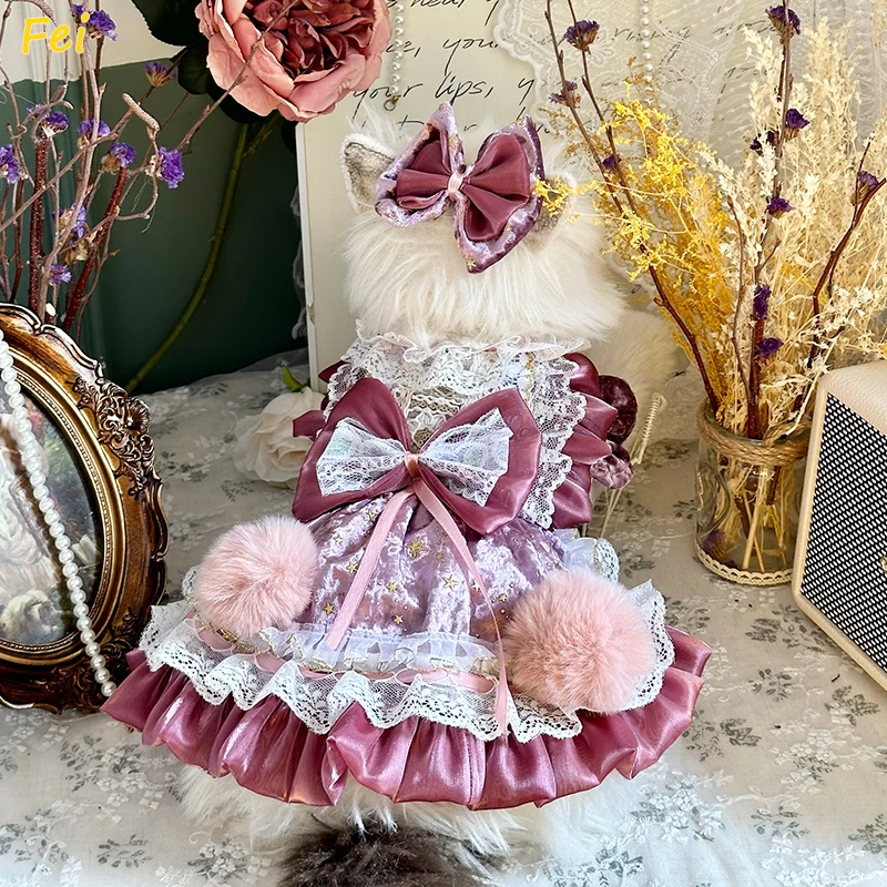 

Retro Luxury Silk Pet Dog Clothes Golden Star Print Handmade Princess Dresses For Small Medium Dog Fashion Pet Dog Clothes Skirt