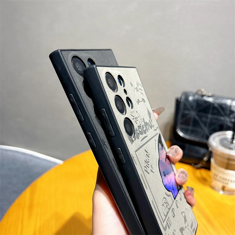 الفاخرة مكافحة الفراء الليزر لطيف أنيمي بوكيمون بيكاتشو جراب هاتف لسامسونج S23 S22 S24 الترا الساخن الجلد المدبوغ لينة جلدية عدسة حماية