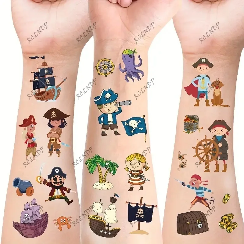 12pcs Waterproof Temporary Tattoo Sticker Marine Skull Crew Treasure Pirate Ship Fake Tatto Flash Tatoo Tato for Girl Women Men