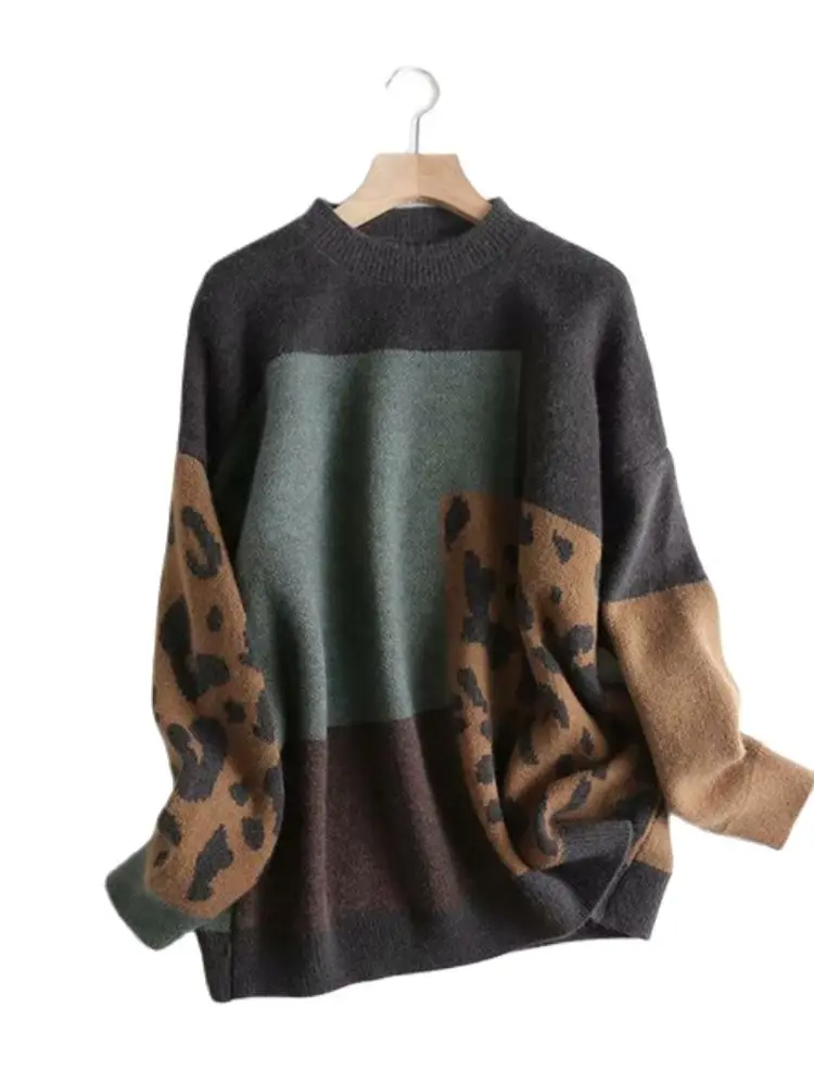 H.SA 2022 Women Vintage Leopard Pullover And Sweaters Winter Patchwork Brown Knit Jumpers Loose Style Korean Slim Pull Jumpers