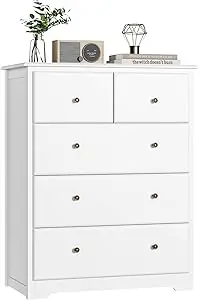 Dresser with 5 Drawers, Tall Dresser Chest of Drawers, 5 Drawer Dresser with Deep Space, Wood Dresser Storage Cabinet White