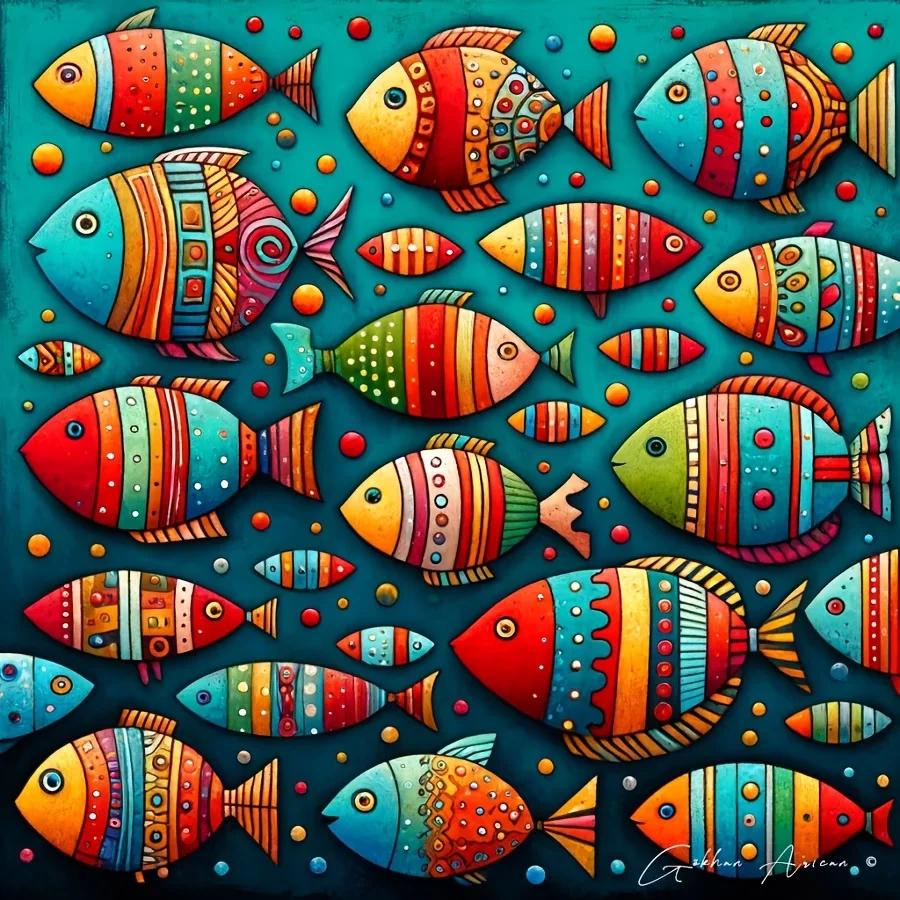 

Colorful Whimsical Fish School 5D Diamond Painting Kit Folk Art Teal Wall Art Decor for Home Office