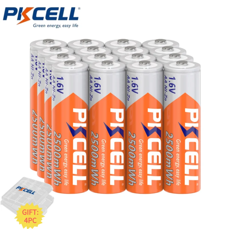 PKCELL-pilas recargables NiZn de tamaño AA, baterías recargables ni-zn de 1,6 v, 2500MWh, juguetes para coches teledirigidos, 2500MWh, 16 unidades