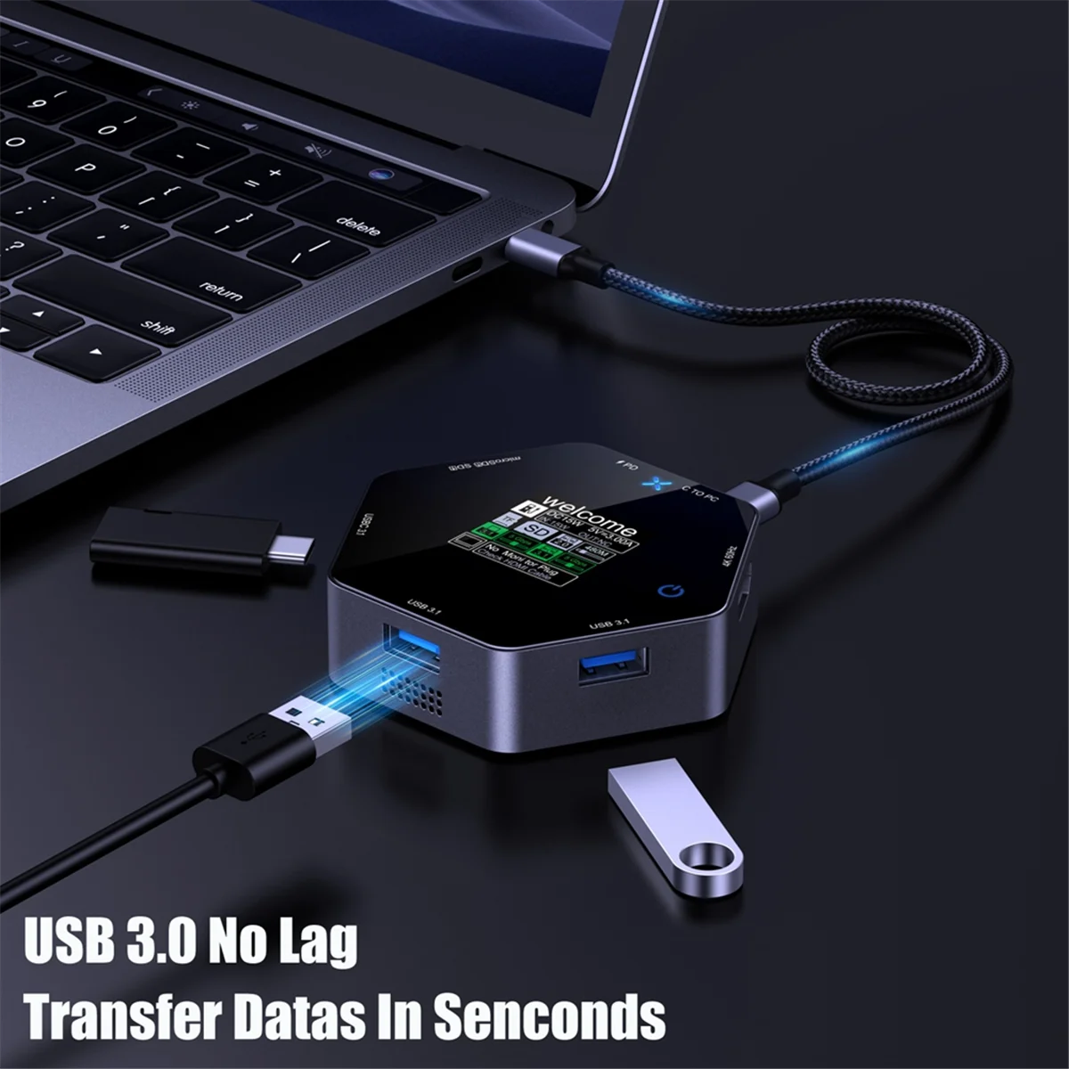 محطة إرساء ثمانية في واحد من النوع C شاشة ذكية 4K 60HZ متعددة المنافذ محور الفاصل USB 3.1 TF قارئ بطاقات SD USB