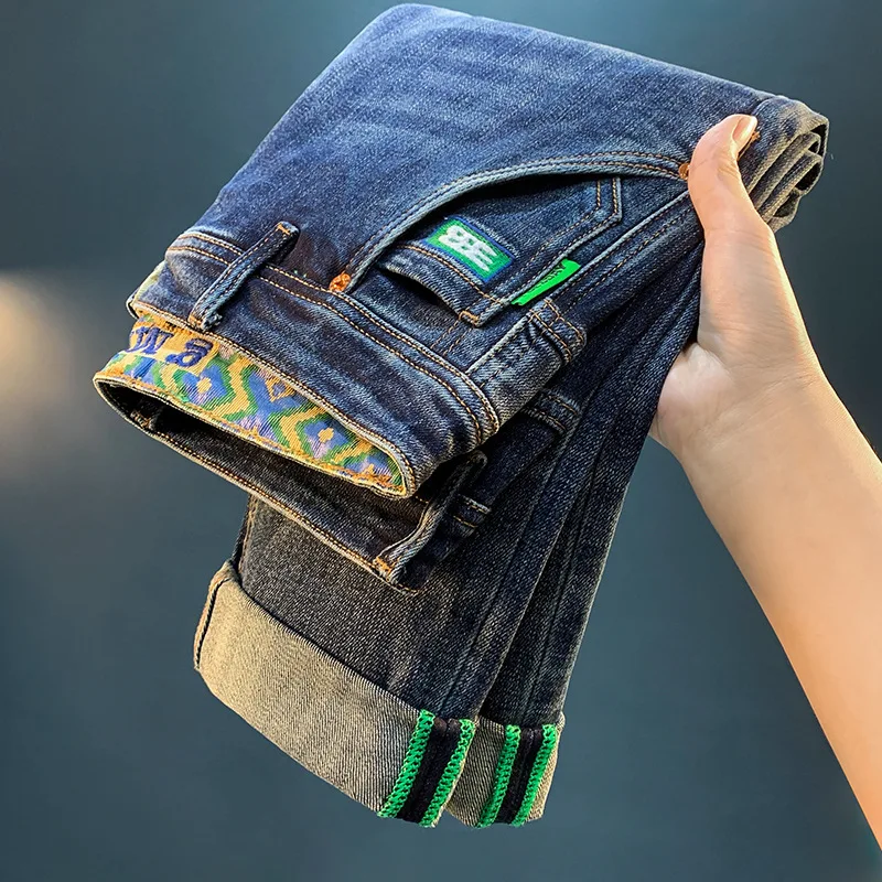 

New light luxury washed MEN'S jeans with trendy elasticity slim fit straight tube cotton casual versatile youth denim pants