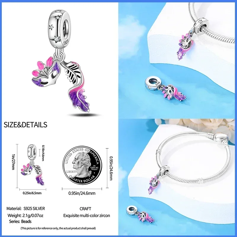 925 Sterling Silver Colorful Masquerade Series Sexy Mask Feather Dress Charms Beads Fit Pandora Original Bracelets DIY Jewelry