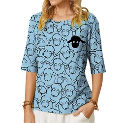 Animals Black Sheep Printed Women T-shirts Fashion Brand Round Neck Mid-Sleeve Shirts Button Decoration Women Plus Size Clothing