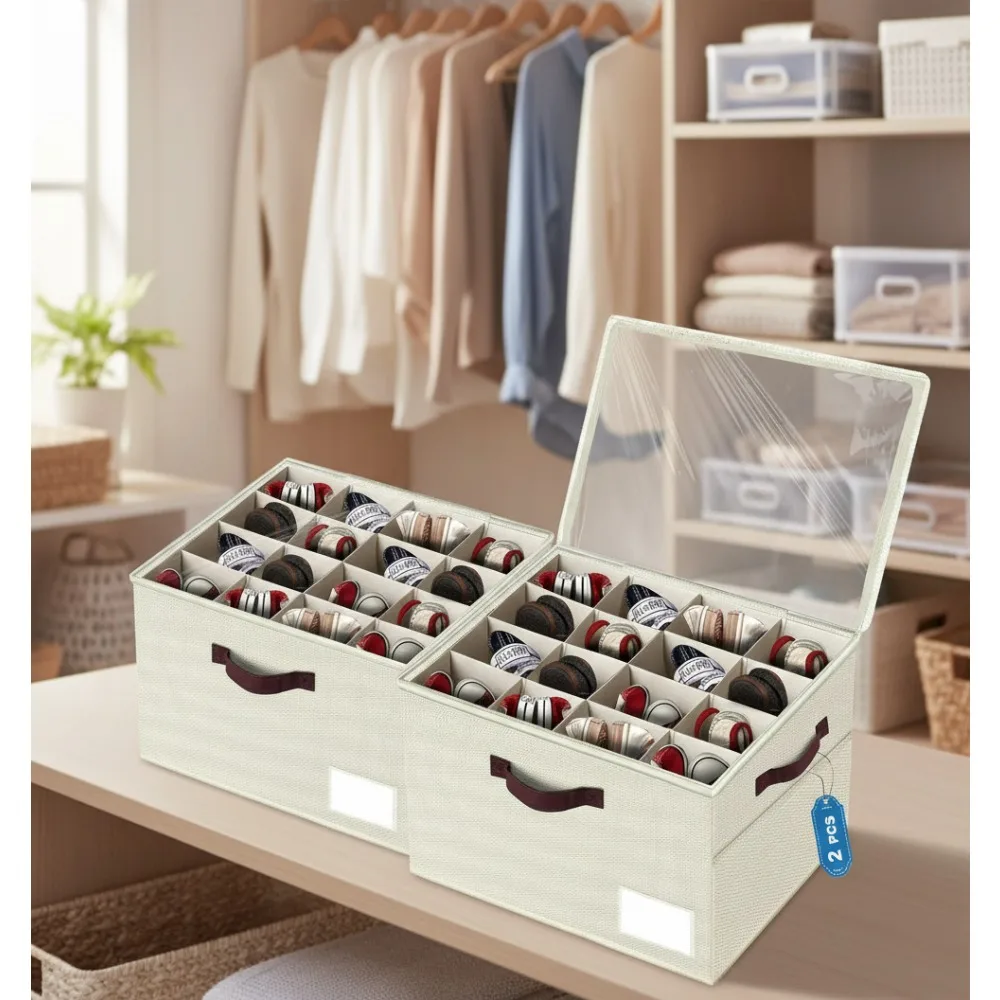 

2-Pack Large Shoe Organizer with Adjustable Dividers, Foldable Storage Box with Clear Cover for Shoes and Boots