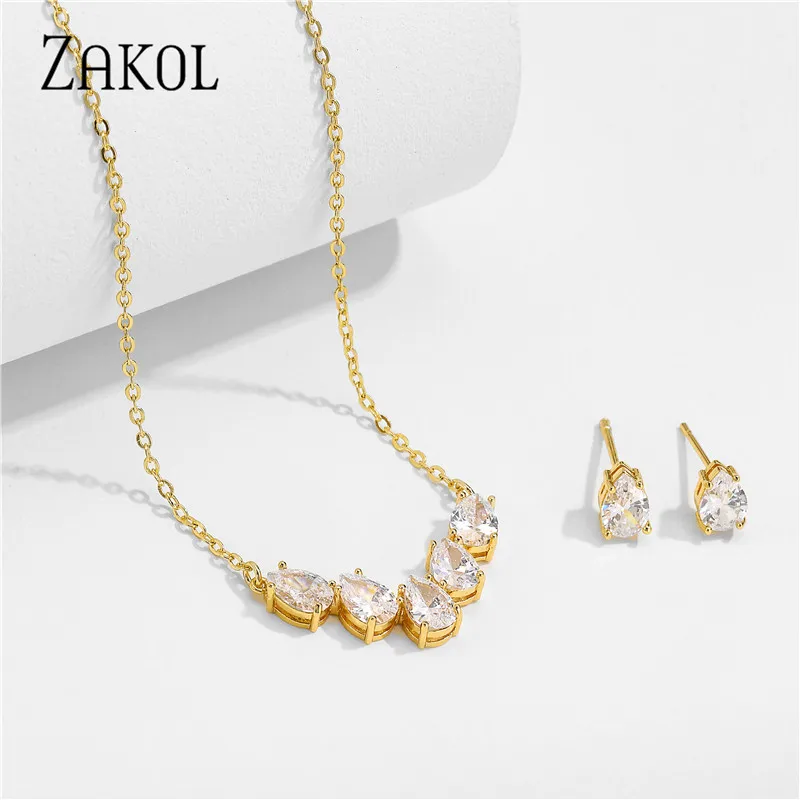 ZAKOL Brand Elegance Charm Water Drop AAA Cubic Zircon Crystal Earrings Necklace Set For Women Popular Bride Jewelry Gift